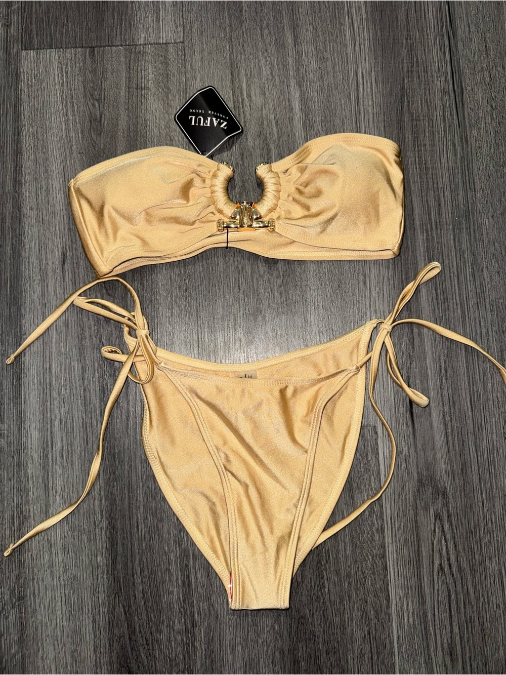 Zaful Shimmery Gold Bandeau Bikini with Ring Accent